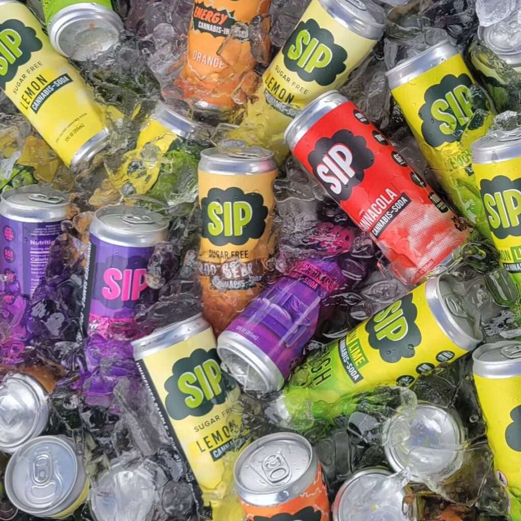 Cans of SIP cannabis-infused soda sit in a bucket of ice at the Terptown Throwdown Cannabis Event.