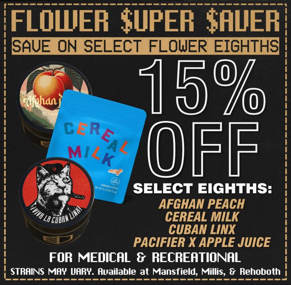 Cannabis deals on premium flower strains – 15% off Afghan Peach, Cuban Linx, Cereal Milk, and Pacifier x Apple Juice at CommCan