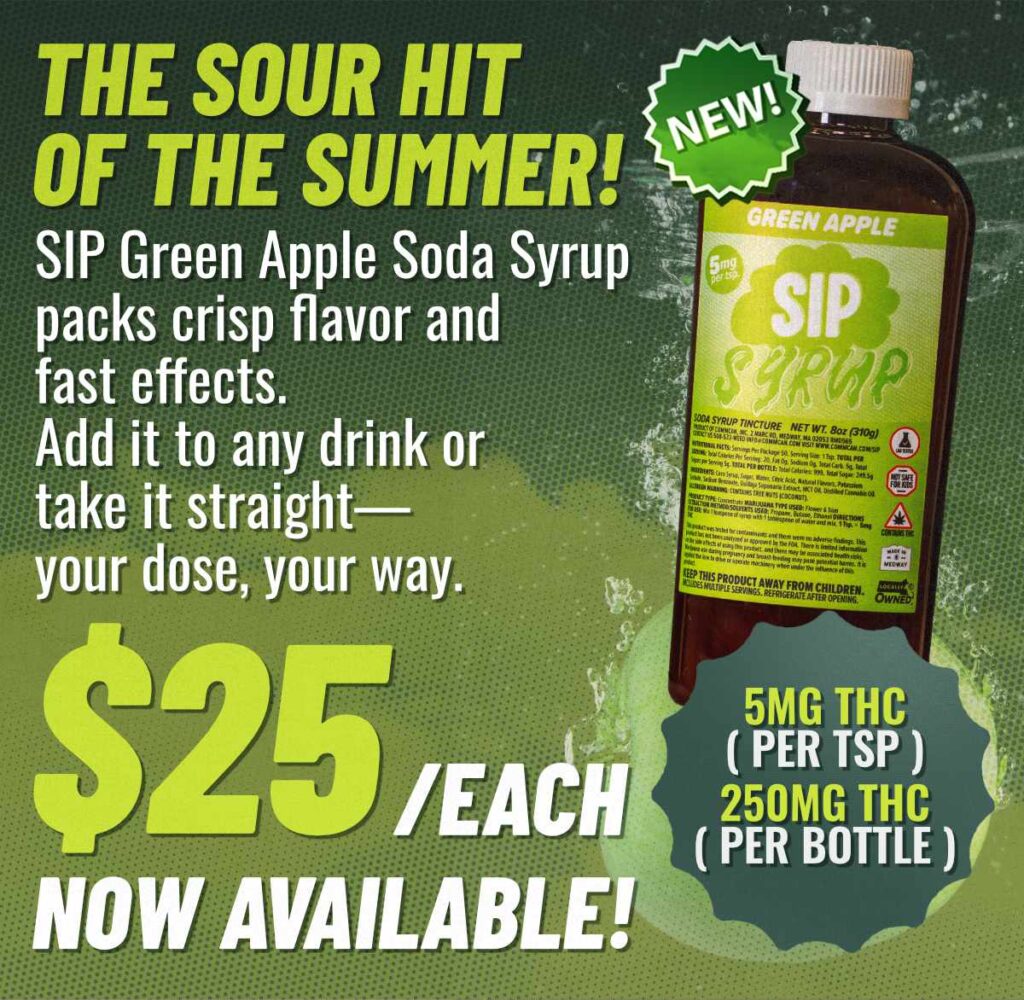 SIP Green Apple THC syrup tincture – sour cannabis drink mixer, the hit of the summer in Massachusetts