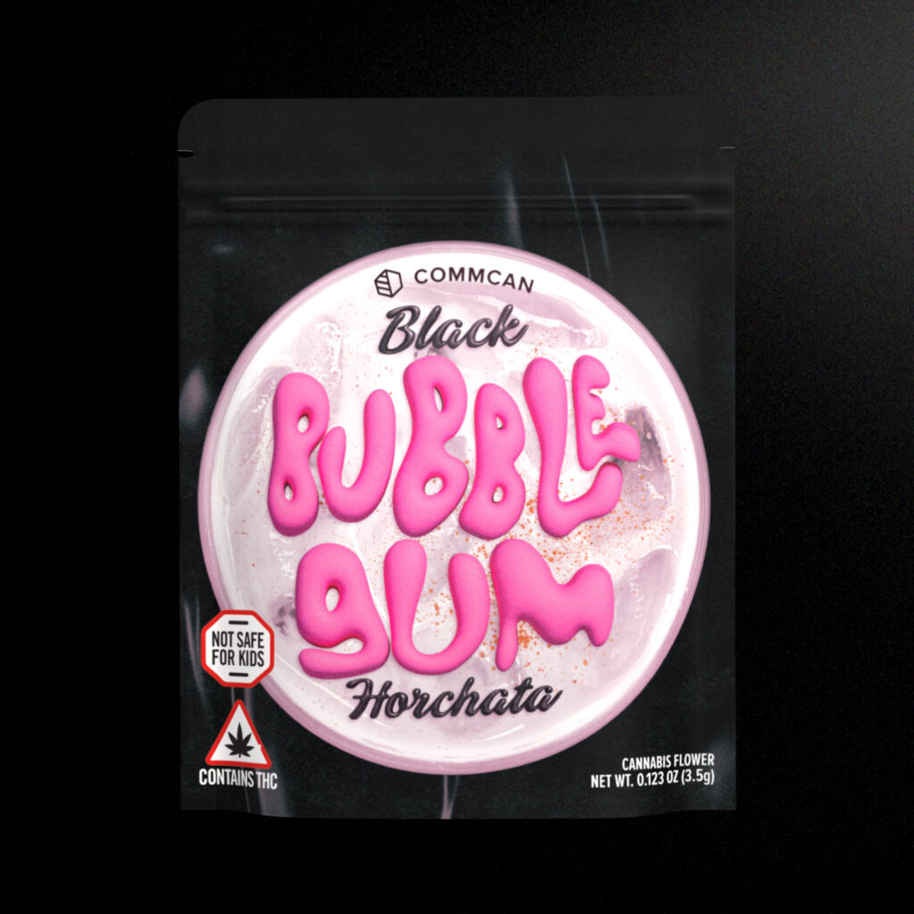 Black Bubble Gum Horchata Strain Eighth Bag render by CommCan, premium cannabis packaging