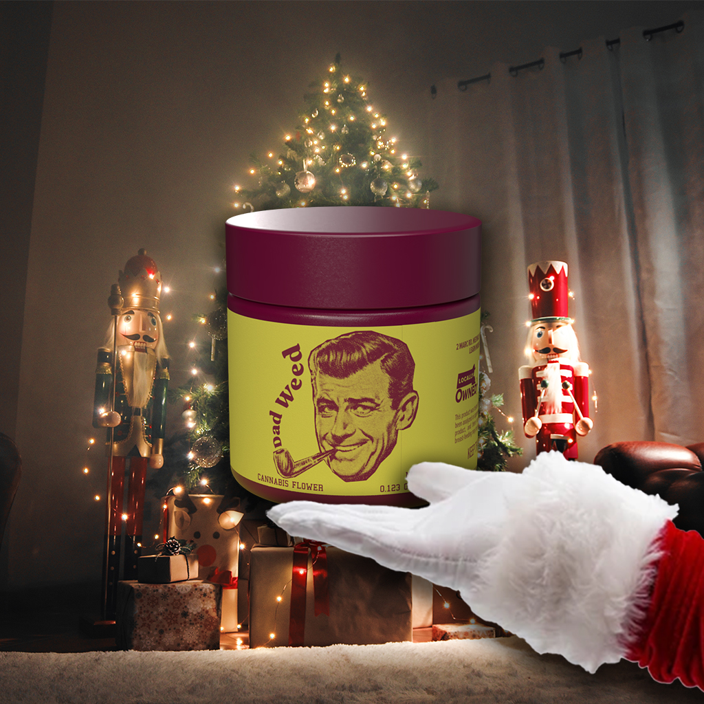 Santa reaching out with Dad Weed Eighth In Hand