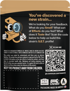 Back of a CommCan flower bag with the S.E.T. feedback QR code