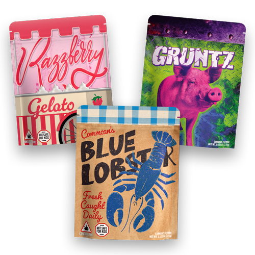 Bags of CommCan Blue Lobster, Gruntz and Razzberry Gelato cannabis flower
